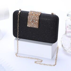 Elegant Black Glitter Clutch w/ Gold Rhinestone Clasp & Chain Strap
